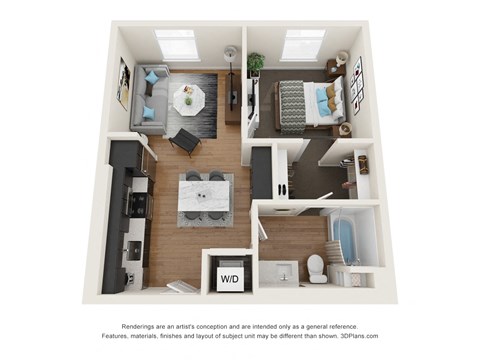 Floor plan for 1 bed, 1 bath, 630 sqft